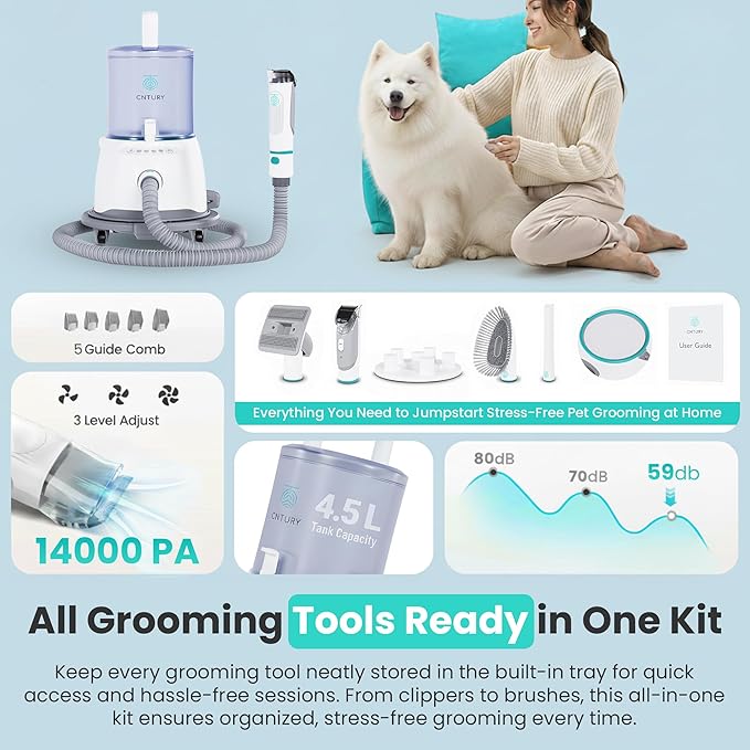 Dog Grooming Vacuum for Shedding, 5-in-1 Pet Grooming Kit with Dog Clippers for Grooming, 14,000Pa Powerful Suction, 4.5L Dust Cup, Quiet Pet Hair Vacuum Cleaner for Cats & Dogs Grooming