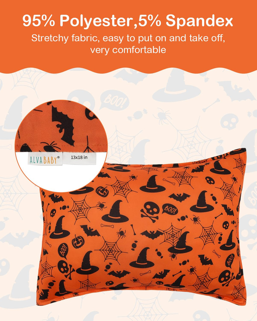 ALVABABY Toddler Pillowcases Stretchy Soft Kids Pillow Cover 2 Pack Fit 13"x 18" or 12"x16" Envelope for Girl Boy Sleepy Travel Halloween 2TPE34A