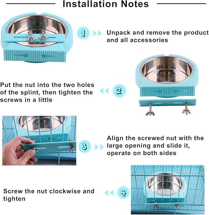Crate Dog Bowl Removable Stainless Steel Water Food Feeder Bowls Cage Coop Cup for Cat Puppy Bird Pets (Large, Blue with Corrugated Clip)