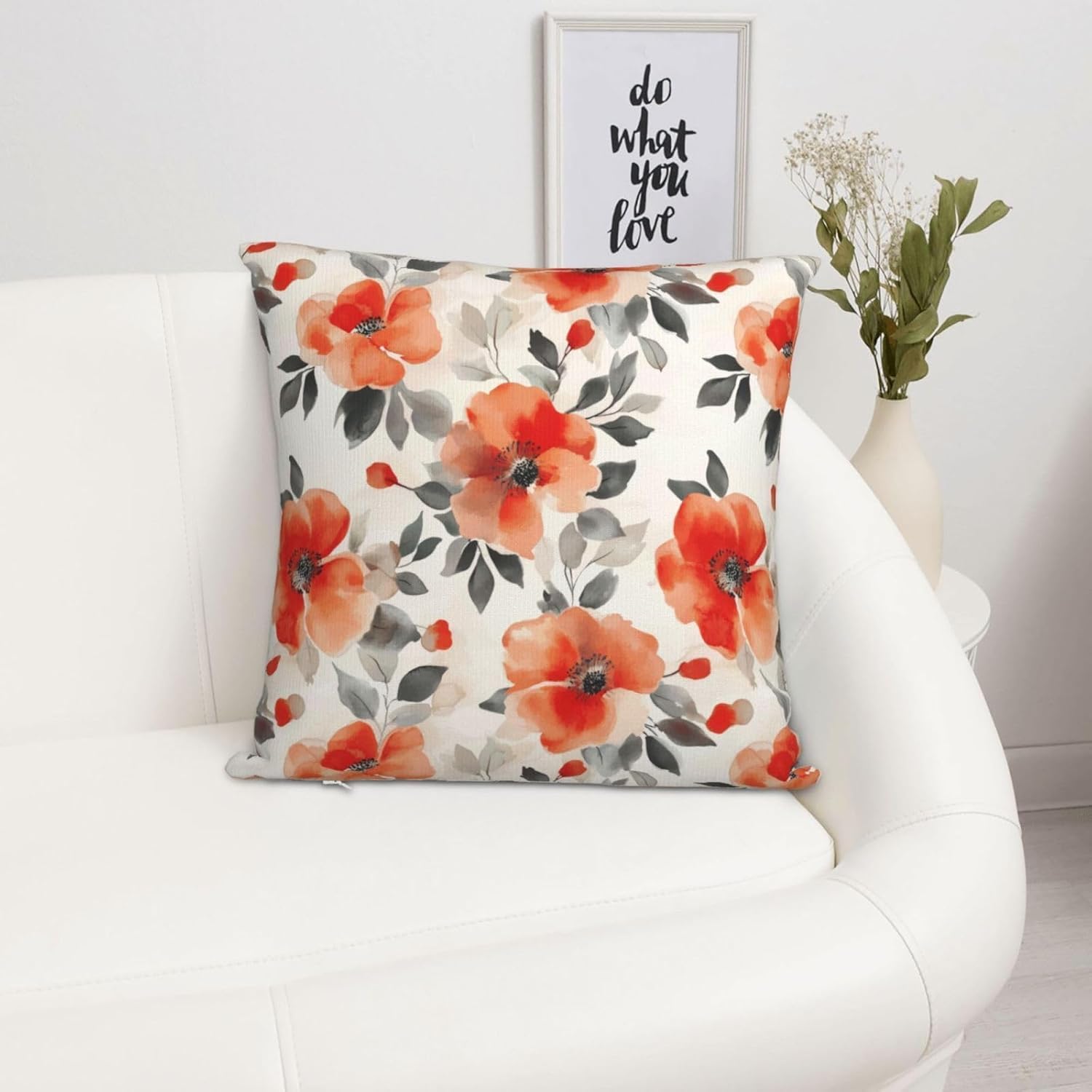 Fall Burnt Orange Floral Throw Pillow Covers 18x18 Inch Set of 2, Black Beige Watercolor Flowers Pillow Cushion Cases, Modern Decorative Square Pillowcases for Couch Sofa Bedroom Living Room Decor