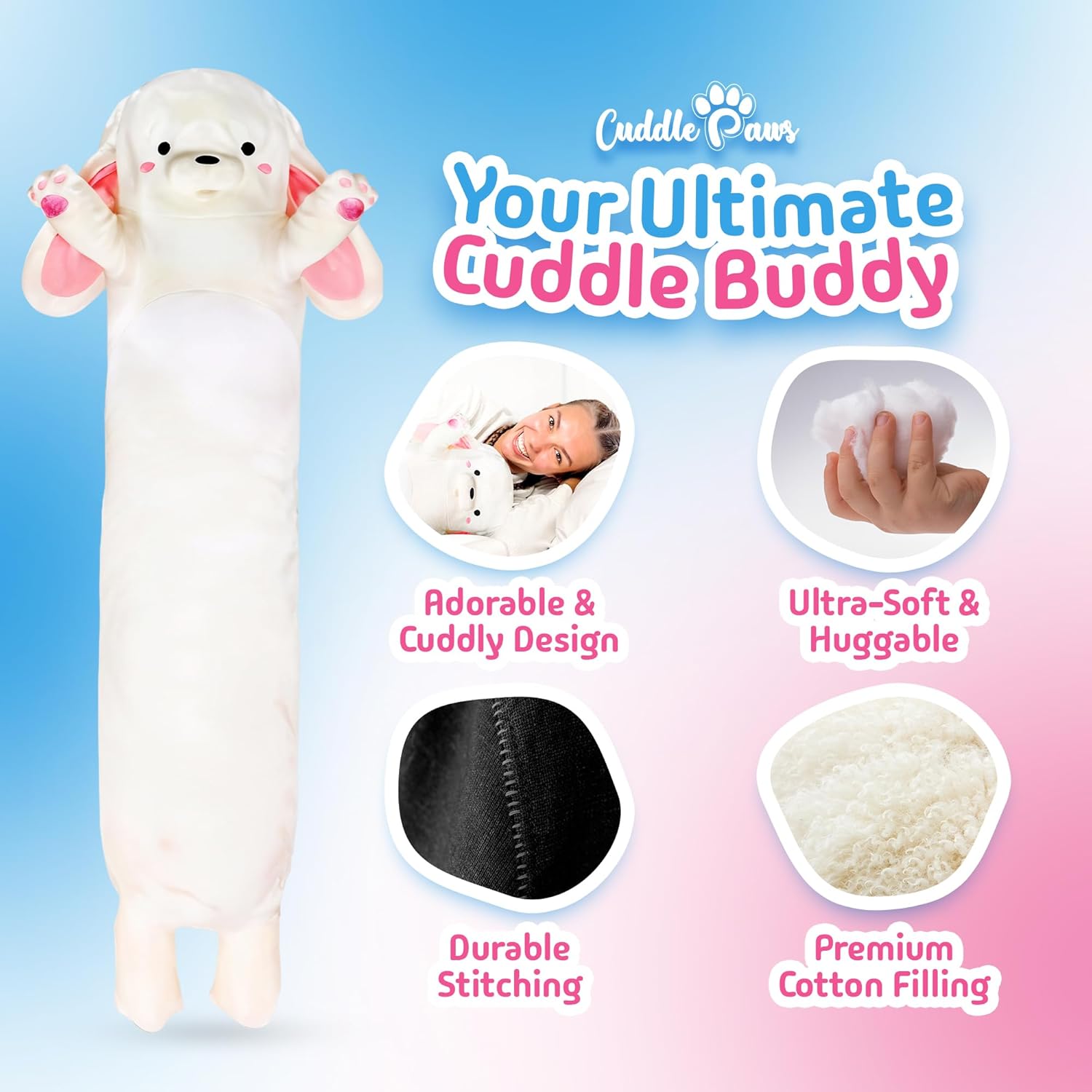 Big Bunny Plush Body Pillow for Kids | Long Stuffed Animal Cuddle Pillow | Soft Hugging Toy | Plushie Gift for Girls & Boys | Long Plush Body Pillow for Sleep & Comfort | Large, 47 Inches