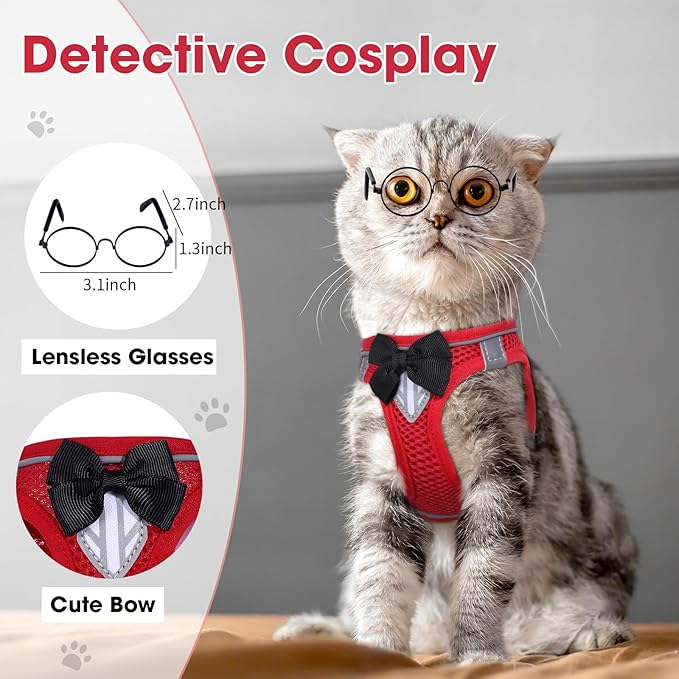 Cat Vest Harness and Leash Set for Walking Escape Proof, Adjustable Kitten Harness Breathable Mesh with Reflective Strips Harness for Kitty Puppy Bunny (Red, S)