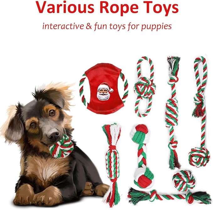 Beiker Christmas Dog Toys Bulk 15 Pack, Puppy Chew Toys for Teething Small Medium Puppies, Holiday Christmas Themed Presents Gifts Box Including Variety Tough Rubber and Rope Toys
