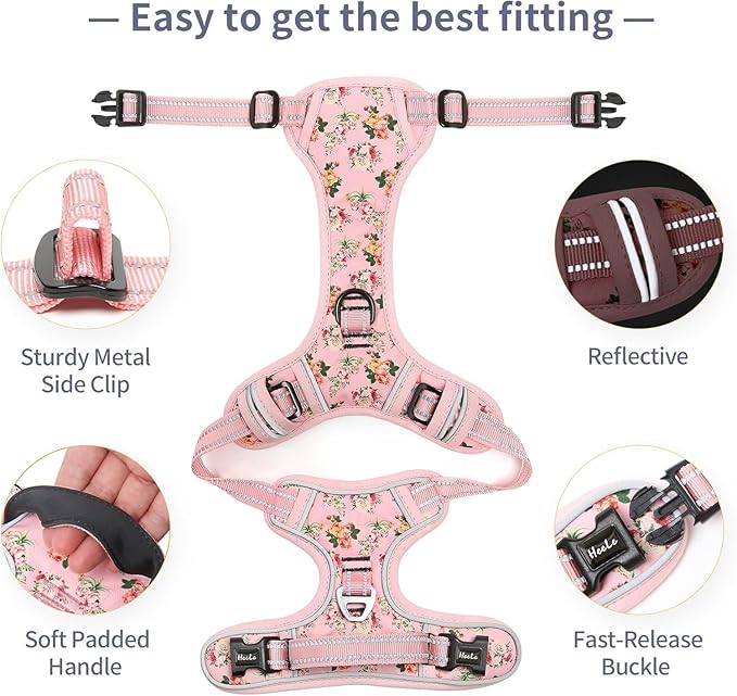 HEELE Dog Harness, No Pull Adjustable Padded Reflective Harness for Small Medium Large Dogs with Handle for Walking Training, Flower-Pink, M