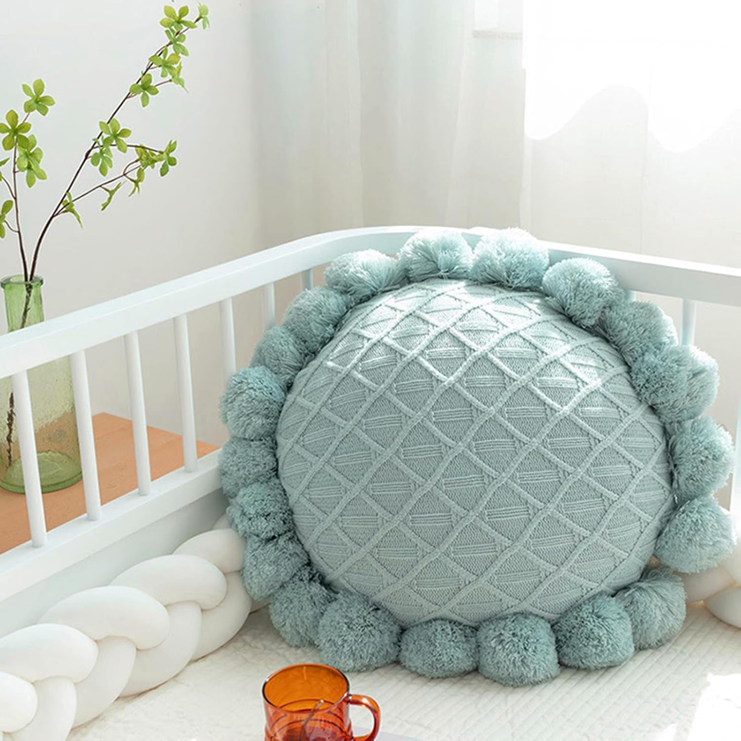 Acrylic Knitted Round Throw Pillow Knitting Bohemian Circular Cushion Pillow with Knit Handmade Pompoms Decorative Turquoise Green, Diameter 18inches