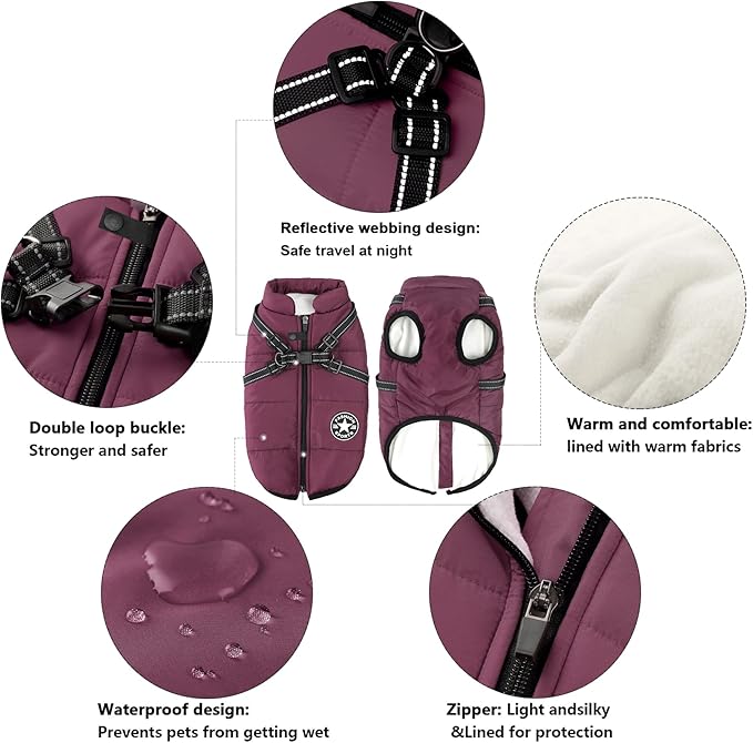 Aiboria Dog Jackets Coat for Winter Windproof Waterproof Skiing Dog Vest Fleece Warm Chest Strap Belt Purple L