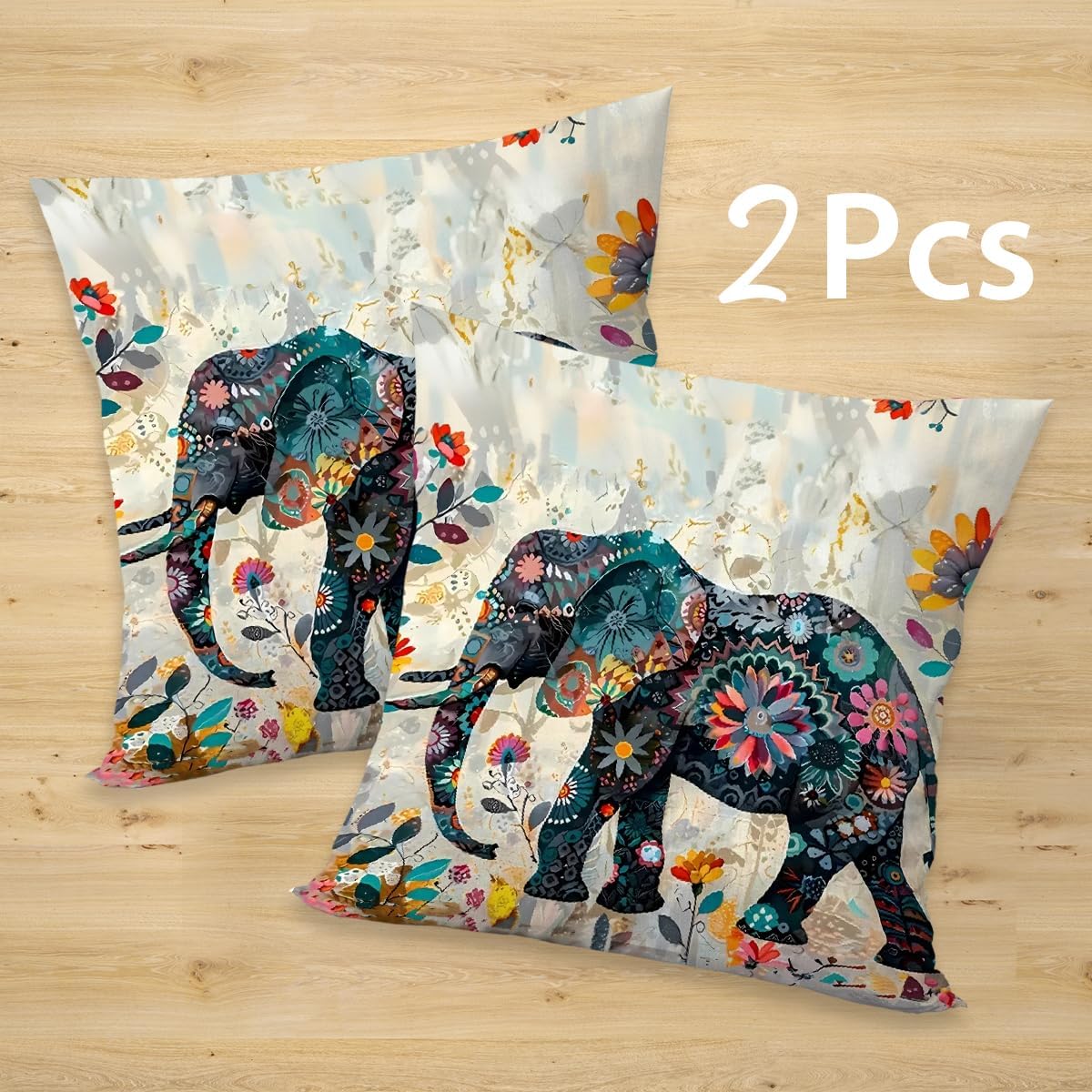 2 Pcs Elephant Throw Pillow Cover, Ethnic Style Bohemian Pattern Creative Animal Elephant Decorative Pillow Case Home Decor Square Cushion Cover for Bedroom Living Room Office Home Decor