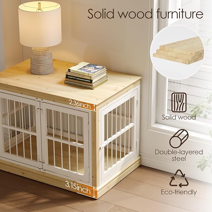 38 in Solid Wood Dog Crate Furniture for Dogs-Large Dog Crate Sideboard and TV Stand, Small, Wood Dog Kennel-(White+Natural)