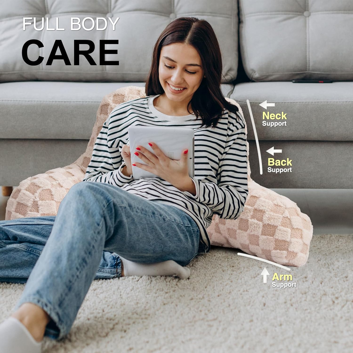 Aimuan Reading Pillow Checkered Bed Rest Wedge Backrest Checkerboard Pillow with Arms Back Support for Sitting Up in Bed Cushion Incline Rest Sleeping Snoring Pillow (Beige,Large)