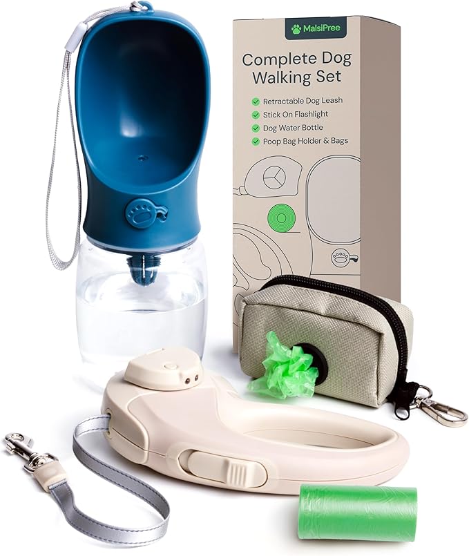 MalsiPree Walking Set with Retractable Dog Leash, Poop Bag Holder, Leak Proof 12 Oz Dog Water Bottle, Flashlight & 20 Poop Bags - 9.8ft Leash Retractable for Small to Medium Pet (Sand & Teal, 12 Oz)