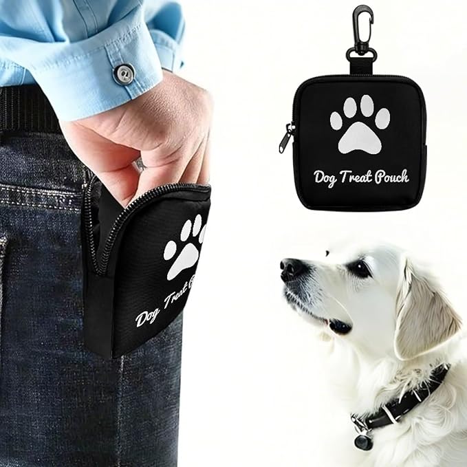 KEIAHUAN Dog Paw Print Dog Treat Pouch for Pet Walking and Training with Clip, Small Training Bag Portable Dogs Treat Bag Pet Snack Bags for Puppy, Black