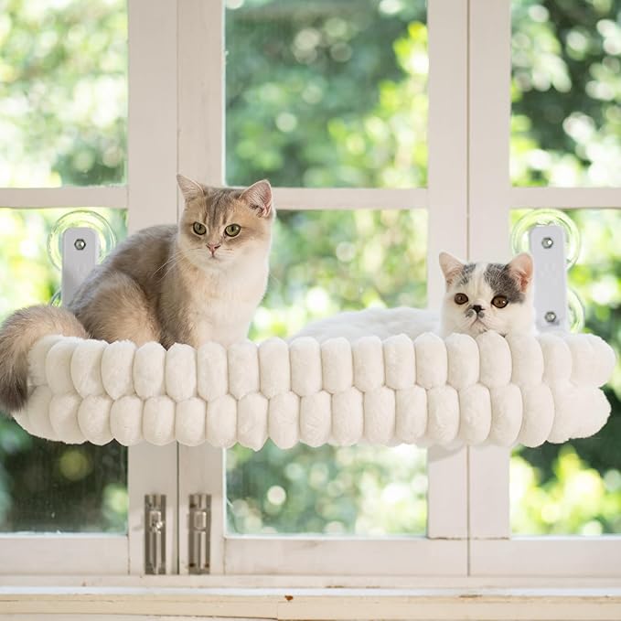 CHEERPALS Cat Window Perch for Indoor Cats Hammock for Window with Reversible Cushion, Foldable Cat Window Bed for Large Cats and Kittens(White,Large)