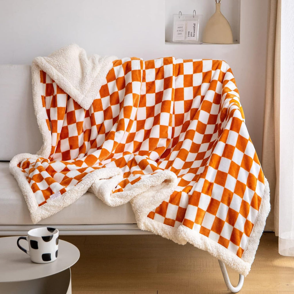 LOMAO Sherpa Throw Blanket Fleece Blanket with Checkered Pattern Soft Thick Blanket for Couch, Bed, Sofa Luxurious Warm and Cozy for All Seasons (Orange, 60"x80")