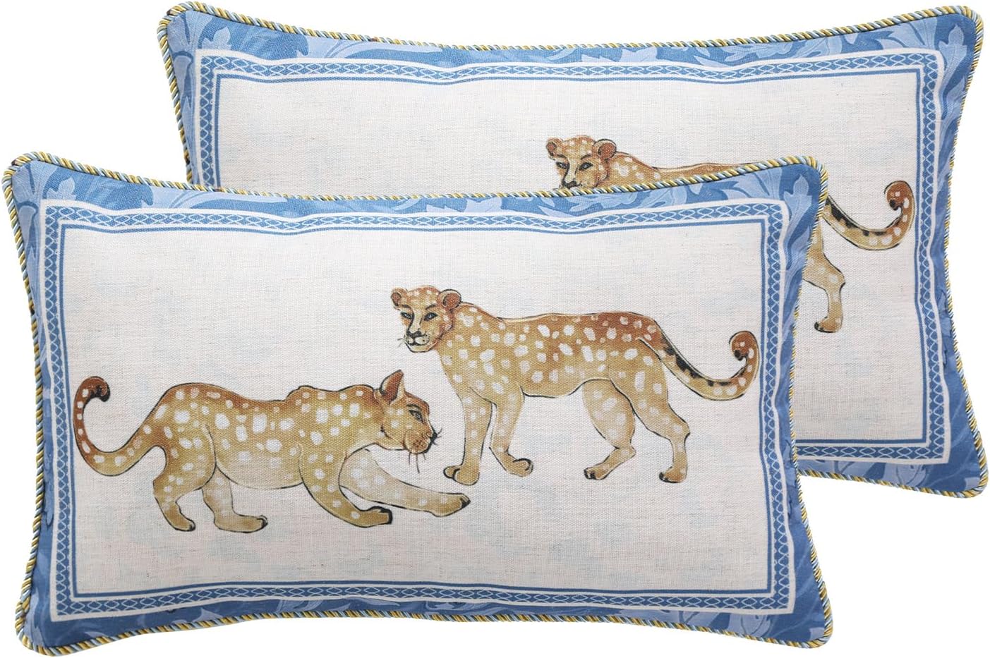 patdrea Designer Throw Pillow Covers for Couch 18"x18",Vintage Linen Pillows Cover with Cheetah Pattern and Luxury Ruffle,Farmhouse Decorative Pillowcases for Bed Living Room Outdoor Set of 2