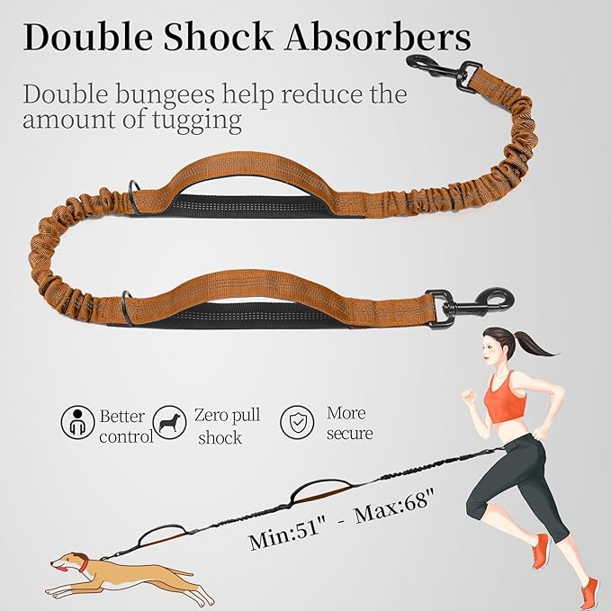 iYoShop Hands Free Dog Leash with Zipper Pouch, Dual Padded Handles and Durable Bungee for Walking, Jogging and Running Your Dog (Large, 25-120 lbs, Brown)