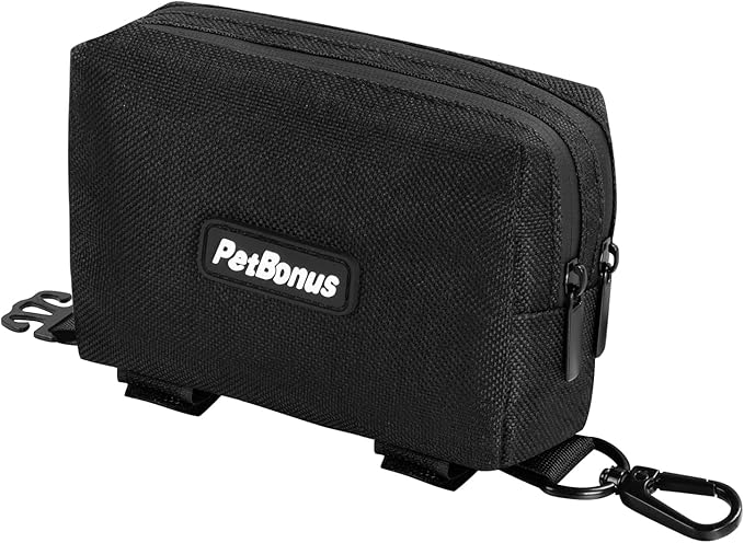 PetBonus Dog Poop Bag Holder, Portable Pet Waste Bag Dispenser, 2 Pouches for Treats and Walking Accessories, Fit All Leashes, Includes 1 Roll of Dog Poop Bags (Black)