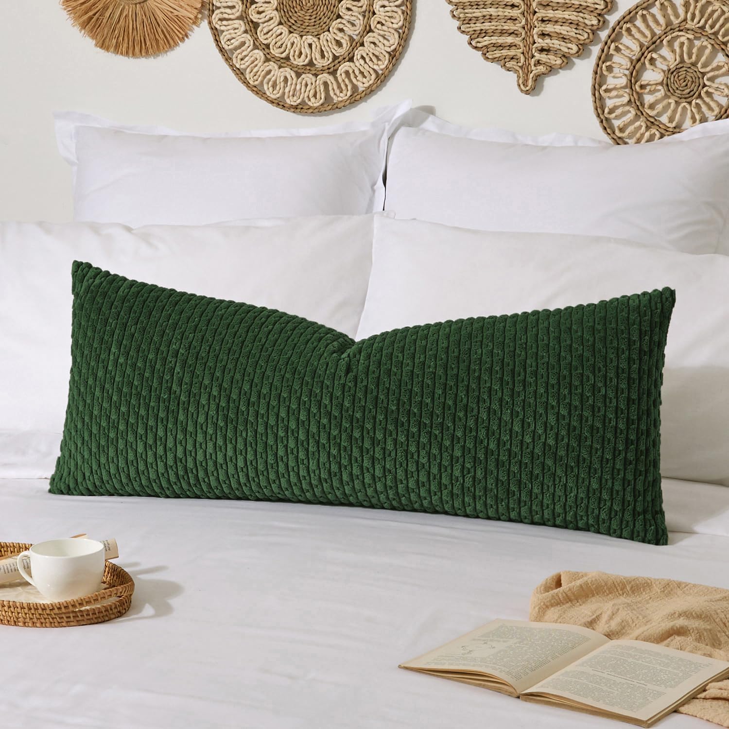 Kevin Textile 20x54 Inch Long Body Lumbar 1 Pack Boho Decorative Throw Pillow Cover Soft Striped Corduroy Rectangle Cushion Case Farmhouse Accent for Living Room Couch Sofa Bed, Army Green