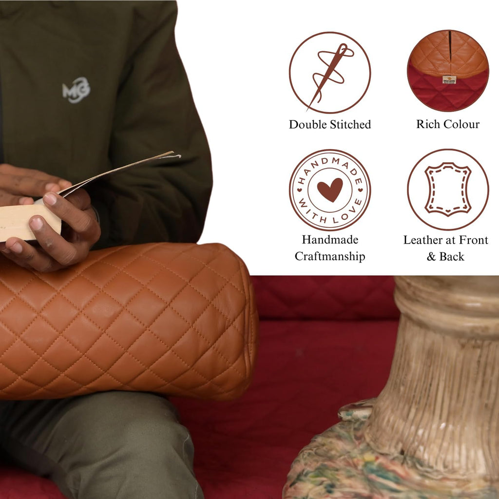 Neck Roll Pillow Cushion Cover, 18x7 Inch Full Moon Round Bolster Pillow Case, Cylinder Soft Lambskin Leather Pillowcase for Head, Spine & Neck Support During Sleep - Quilted Tan Pack of 2