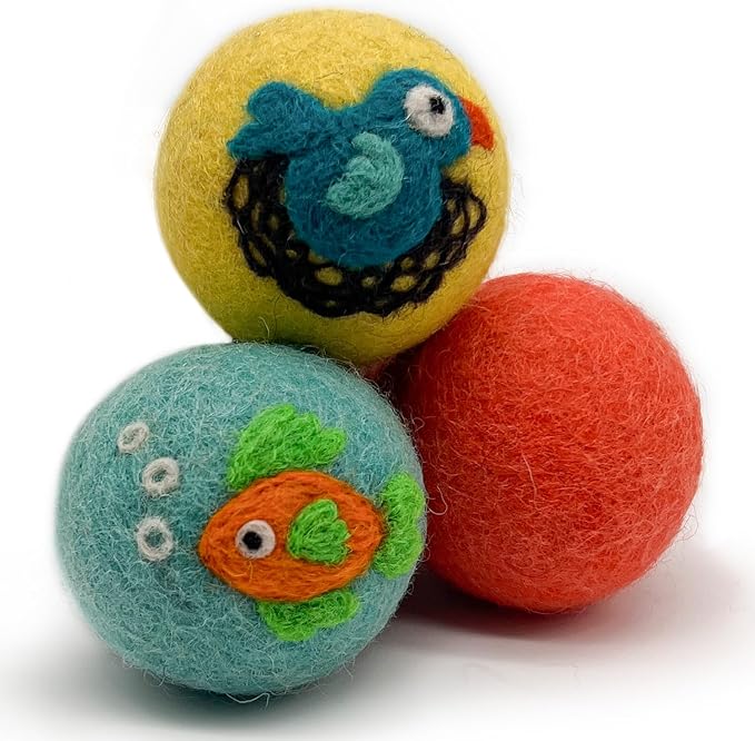 Wool Felt Balls 3 Pack Love Ewe Pet Supplies - 2 in Felted Wool Cat Toys 100% New Zealand Wools Felt Cat Toys Handmade Wools Felts Balls - Cats Felts Ball, Colorful Ball for Cats - Fish and Bird