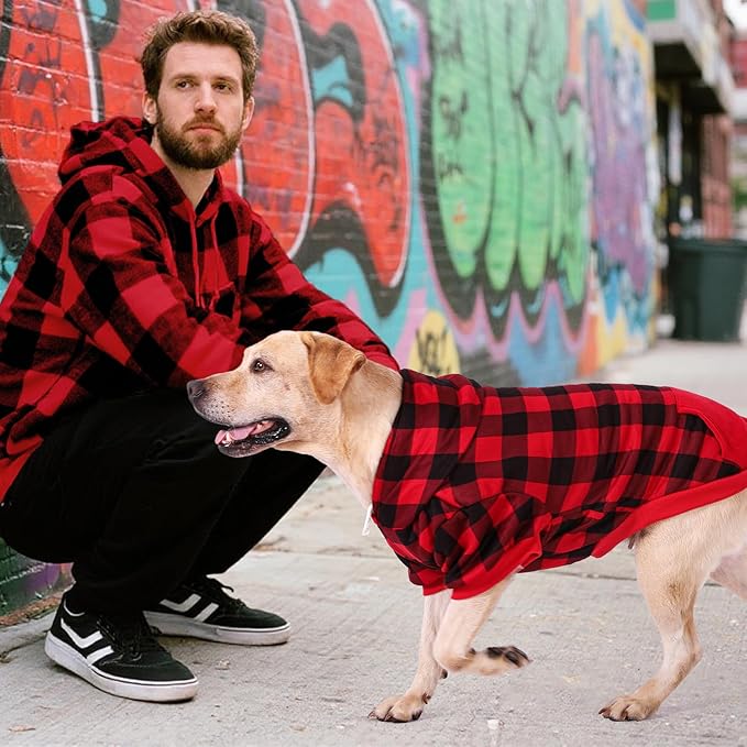 KOOLTAIL Plaid Dog Hoodie Pet Clothes Sweater with Hat and Pocket for Small Medium Large Size Dogs, Soft Winter Warm Dog Cold Weather Coat, Fleece Fall Dog Hooded Sweatshirt for Puppy Cats,Red XL/XXL