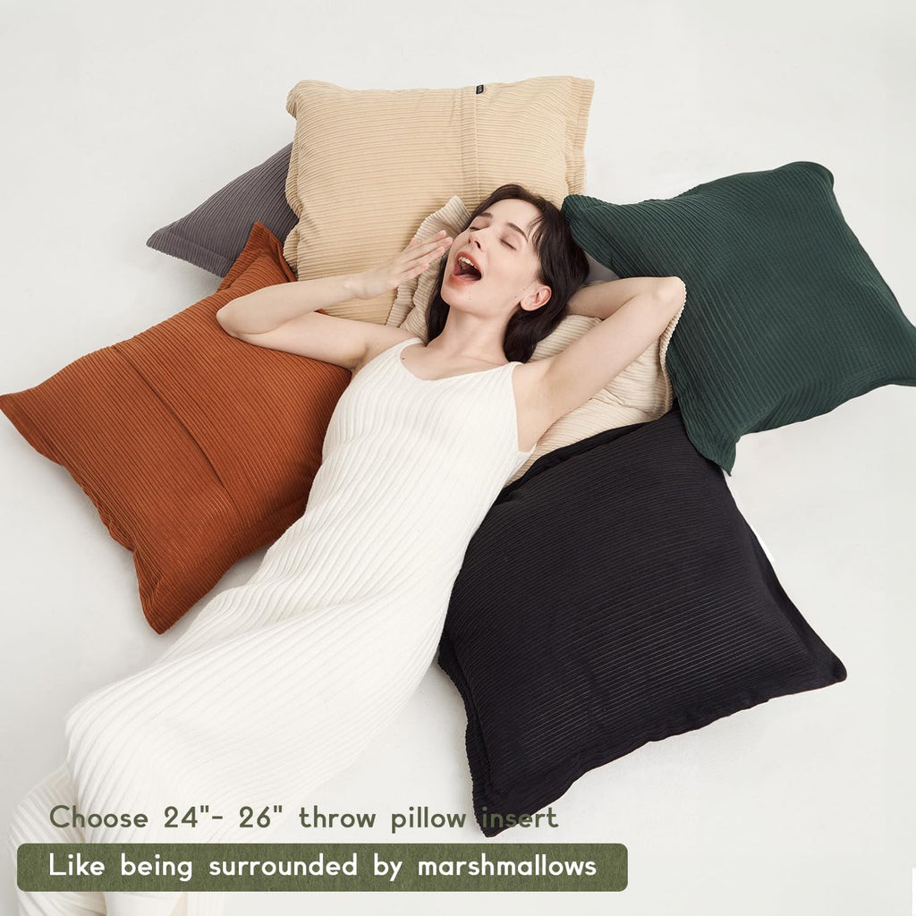 24x24 Inch Large Throw Pillow Covers - Set of 3, Soft Corduroy Decorative Pillow Cases, Perfect for Living Room, Bedroom,Sofa, Lounge & Home Accent（Jet Black,Pure White & Grey）