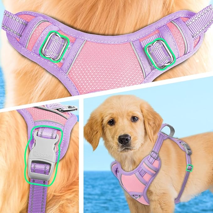 BARKBAY No Pull Dog Harness Large Reflective Dog Harness with Front Clip and Easy Control Handle for Walking Training Running with ID tag Pocket(Baby Pink & Violet Purple,S)