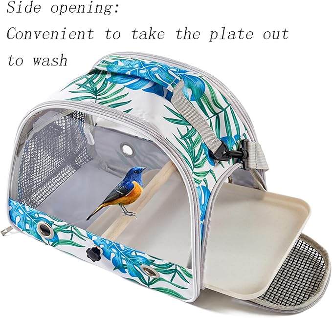 Small Bird Carrier Cage with Standing Perch & Tray Portable & Breathable Pet Travle Transport Carry Bag with Shoulder Strap for Vet Visit & Outdoor Walking (Printed)