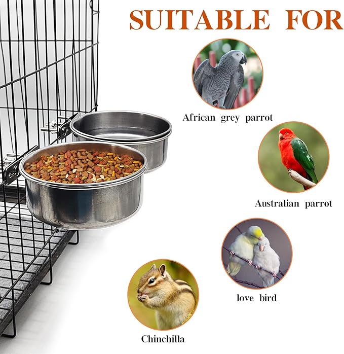 PINVNBY 2pcs Stainless Steel Bird Bowl Water Dish for Parrot, Parakeet, African Greys, Conure, Cockatiels, Lovebird, Budgie, Chinchilla（Three Screws Size: XL）
