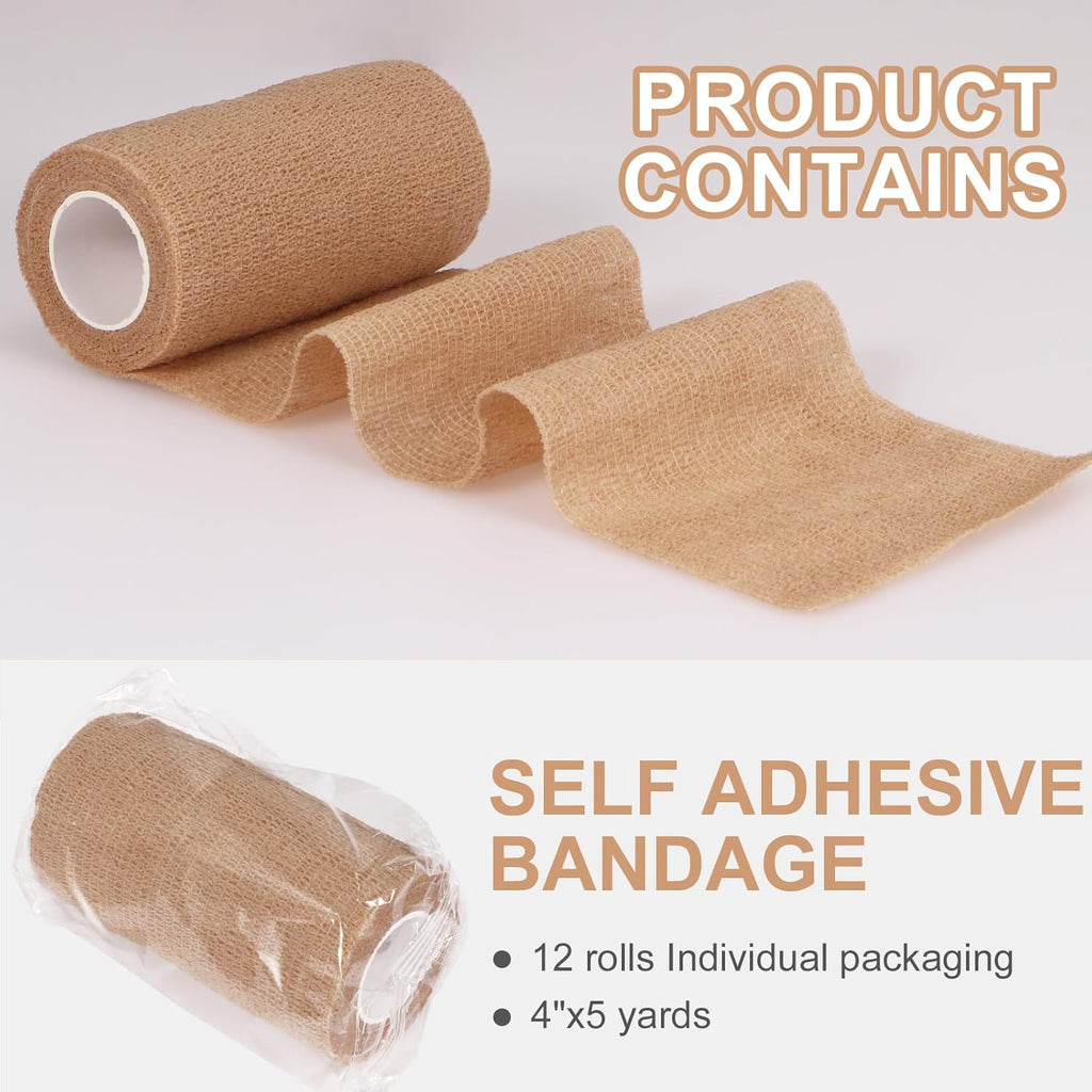 12 Pack Self Adhesive Bandage Wrap, 2” x 5 Yards Cohesive Medical Tape Elastic Grip Tape Black Sports Tape Athletic for Ankle, Wrist Sprains, Pet First Aid (12pcs-Brown, 4 Inch)