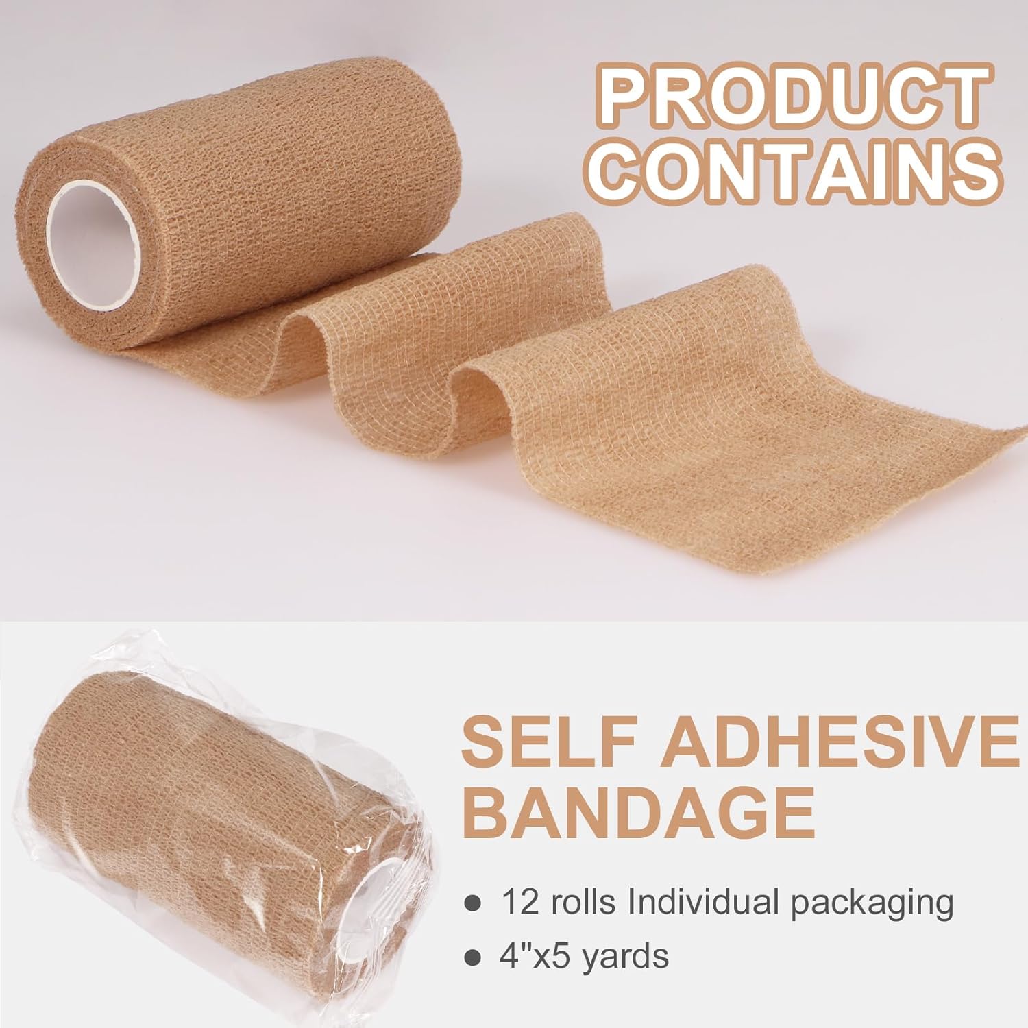 12 Pack Self Adhesive Bandage Wrap, 2” x 5 Yards Cohesive Medical Tape Elastic Grip Tape Black Sports Tape Athletic for Ankle, Wrist Sprains, Pet First Aid (12pcs-Brown, 4 Inch)