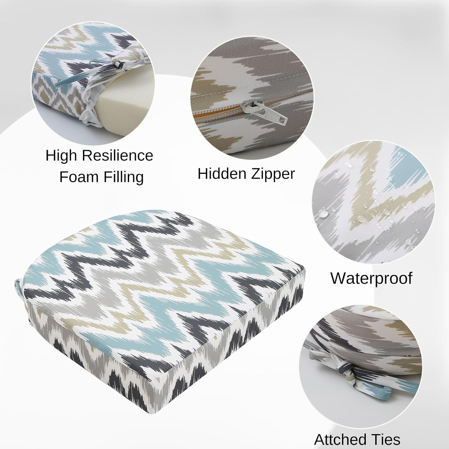 idee-home Outdoor Chair Cushions Set of 4, Thick 19" x 19" x 3" Outdoor Seat Cushions Patio Furniture Waterproof with Ties, Dining Pads