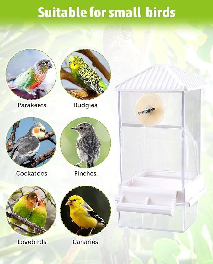 Hamiledyi Automatic Bird Feeder No Mess Bird Cage Feeder Seed Food Container with Perch Transparent Parrot Cage Accessories for Parakeets, Budgies, Cockatoos, Finches, Lovebirds, Canaries (White)