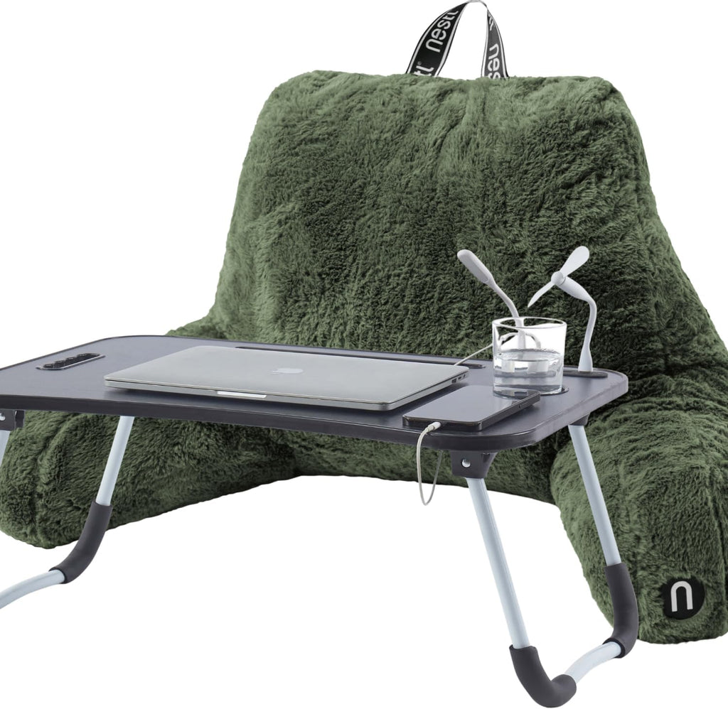 Nestl Fur Reading Pillow with Laptop Lap Desk, Stylish Back Pillow for Sitting Up, Lap Desk with Reading Pillows for Sitting in Bed Adult & Kids, Faux Fur Chair Pillow with Arms - Olive Green