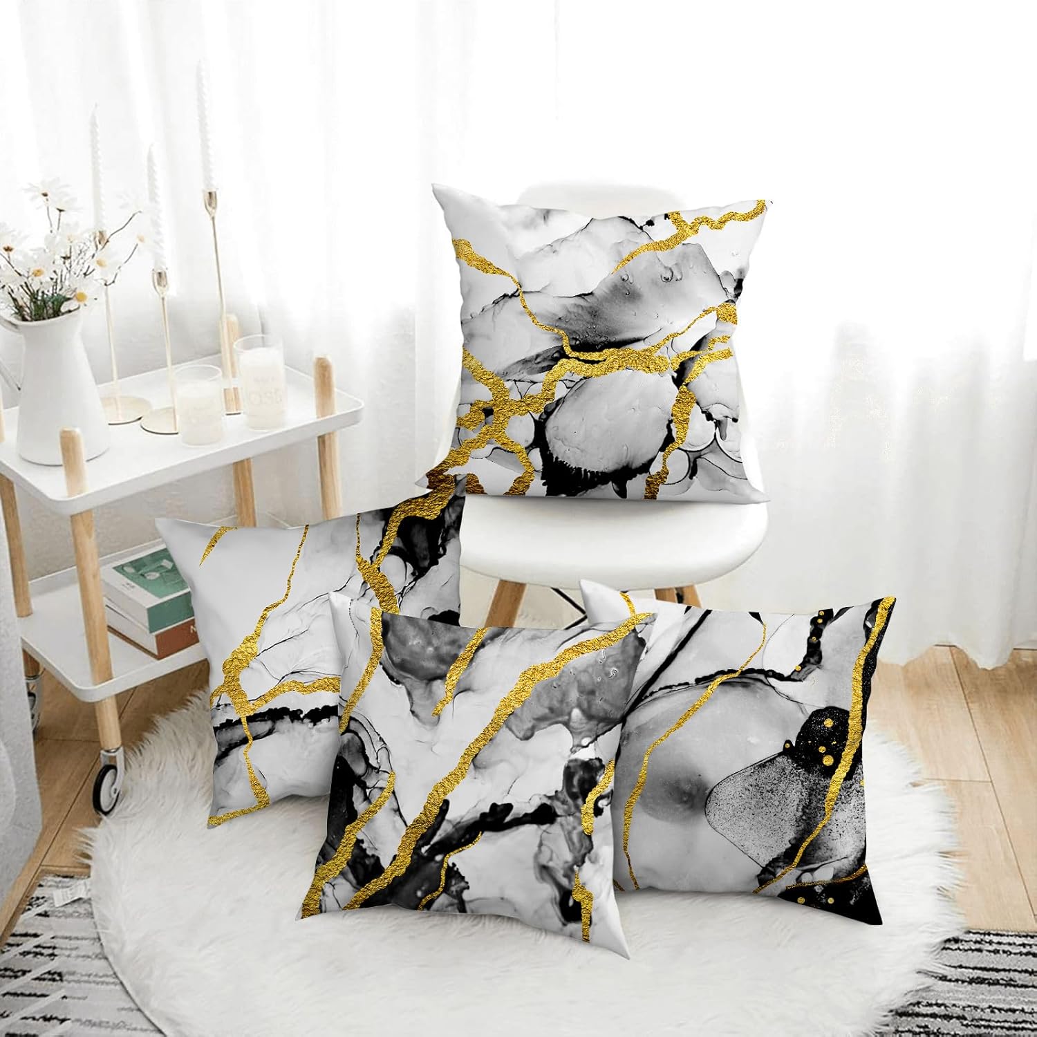 Black Gold Grey Marble Throw Pillows Covers 18x18 Inch Set of 4, Abstract Modern Decorative Pillow Cases for Sofa Couch Bedroom Living Room Home Black and Gold Decor Cushion Covers
