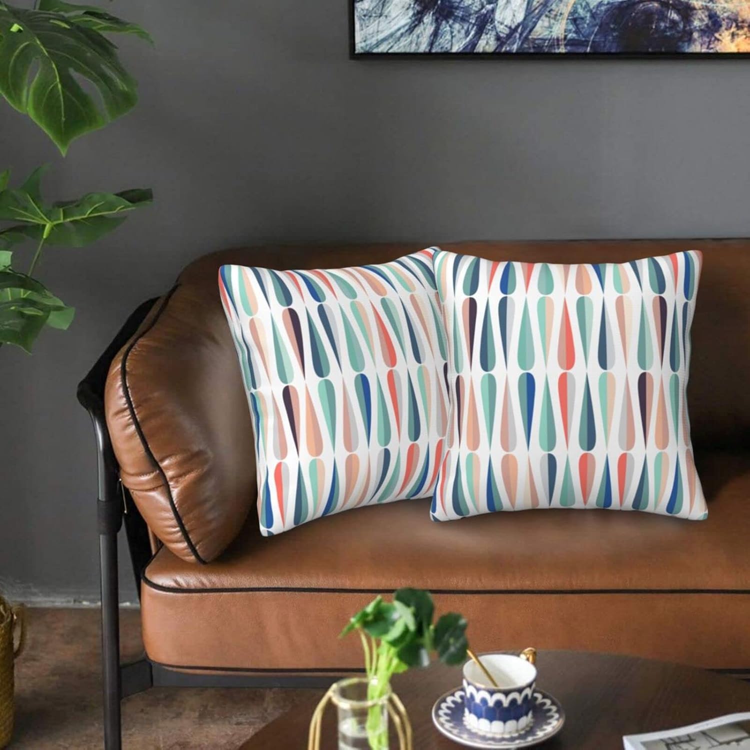 bassyil Mid Century Retro Drop Throw Pillow Covers Decorative Linen Pillow Cases Set of 2 Square Cushion Cover for Couch Sofa Bedroom Patio 18x18 Inch