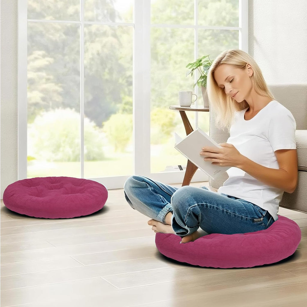 Meditation Floor Pillow Set of 2, Round Large Pillows Seating for Adults, Tufted Corduroy Cushion for Tatami Living Room, 22x22 Inch FP-Purple-R