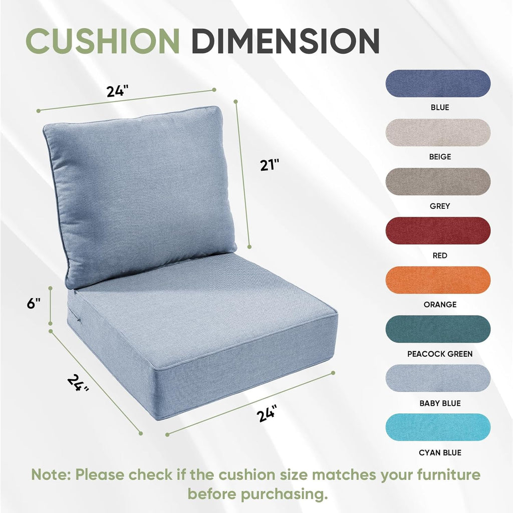 Outdoor Chair Cushion Set, 24x24 Waterproof Patio Chair Cushions, 6" Thickened Seat Cushion for Outdoor Chairs and Couch, Include 1 Back Pillow and 1 Seat Cushion, Thick/Babyblue