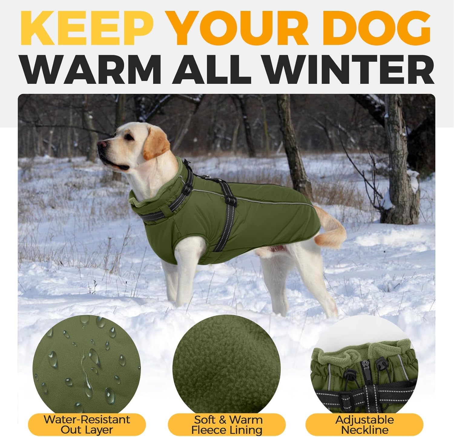 Lelepet Dog Coat for Large Dogs Waterproof Dog Jacket with Harness Built in Reflective Fleece Jacket with Zip Cold Weather Coats for Dogs Cozy Thermal Pet Snowsuit, Weimaraner, Army Green, XXL