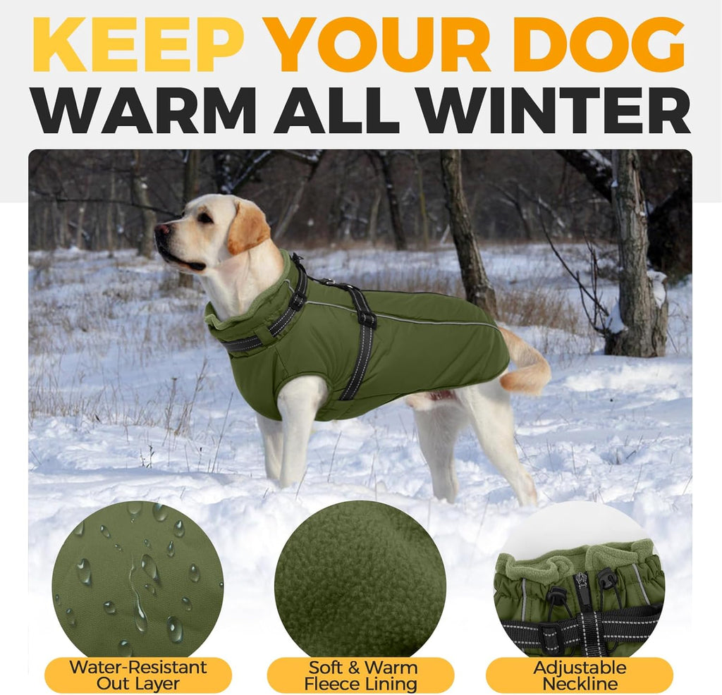 Lelepet Waterproof Dog Jacket with Harness Built in Warm Dog Winter Coat, Reflective Fleece Jacket, Dogs Coats for Medium Dogs, Thermal Turtleneck Pet Snowsuit for Outdoor, Schnauzer, Army Green, M