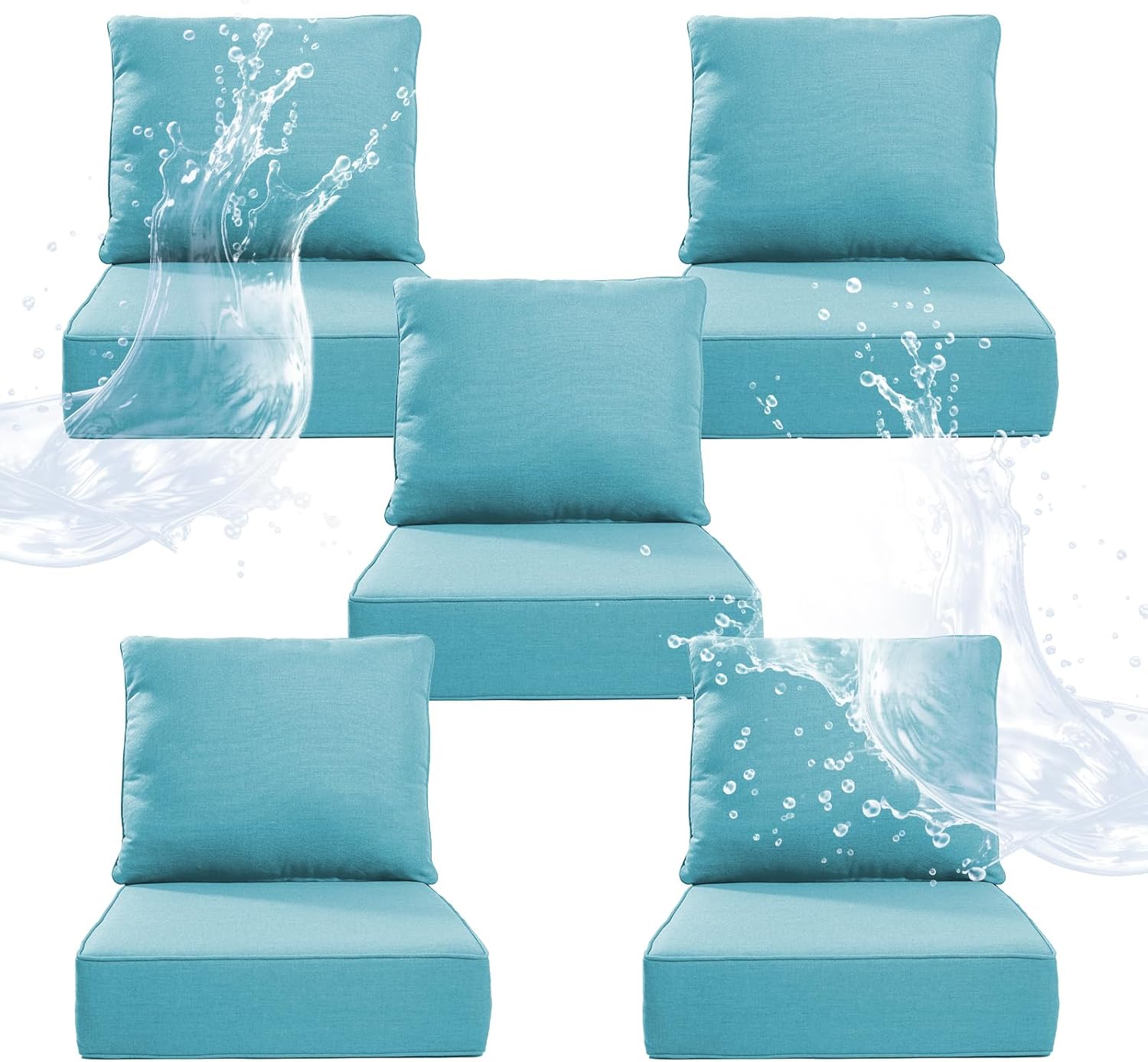 6" Thicker Outdoor Chair Cushion 5 Sets - 24" *24" *6" Waterproof Patio Furniture Cushions with Removable Cover, 28D High Density Sponge Filling Thicken Outdoor Patio Cushions - Turquoise