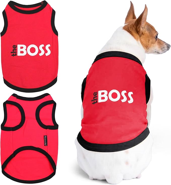 Parisian Pet Dog T-Shirt with Embroidered 'The Boss' - Lightweight Dogs Clothes - Sleeveless Dog Outfit Boss - Shirts for Small Dogs, S