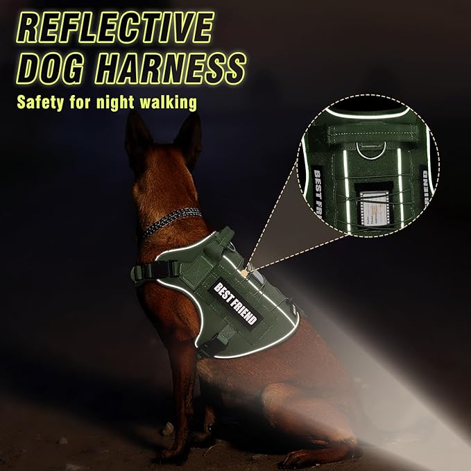 Tactical Dog Harness for Large Dogs,No Pull Military Dog Vest with Handle,Reflective Heavy Duty Pet Harness for Walking Hiking Training Green L