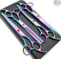 7.0in Titanium Rainbow Professional Pet Grooming Scissors Set,Straight & Thinning & Curved Scissors 4pcs Set for Dog Grooming,(Rainbow)