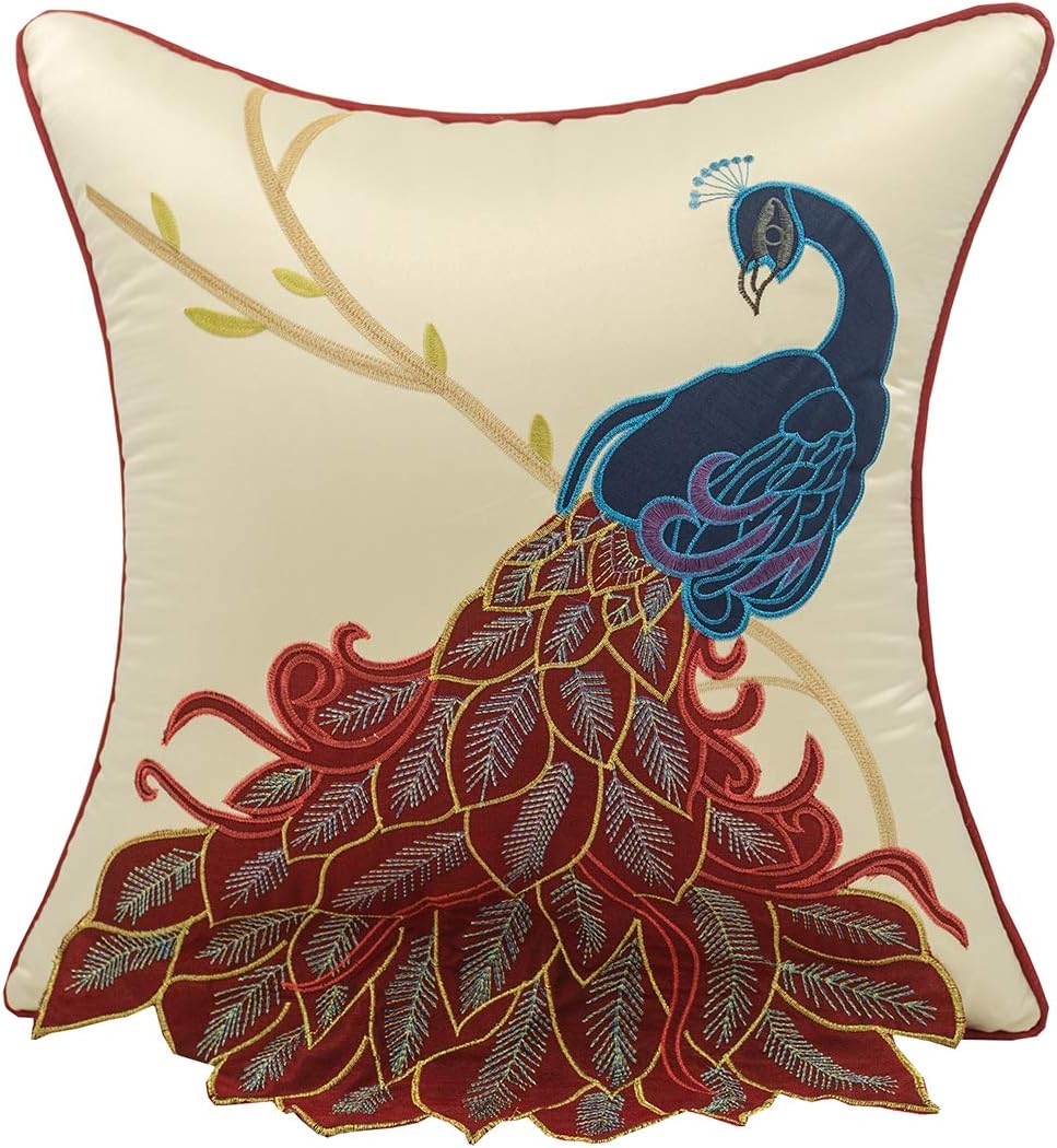 vctops Embroidered Peacock Decorative Throw Pillow Case Silky Satin Cushion Cover Red2 18"X18"