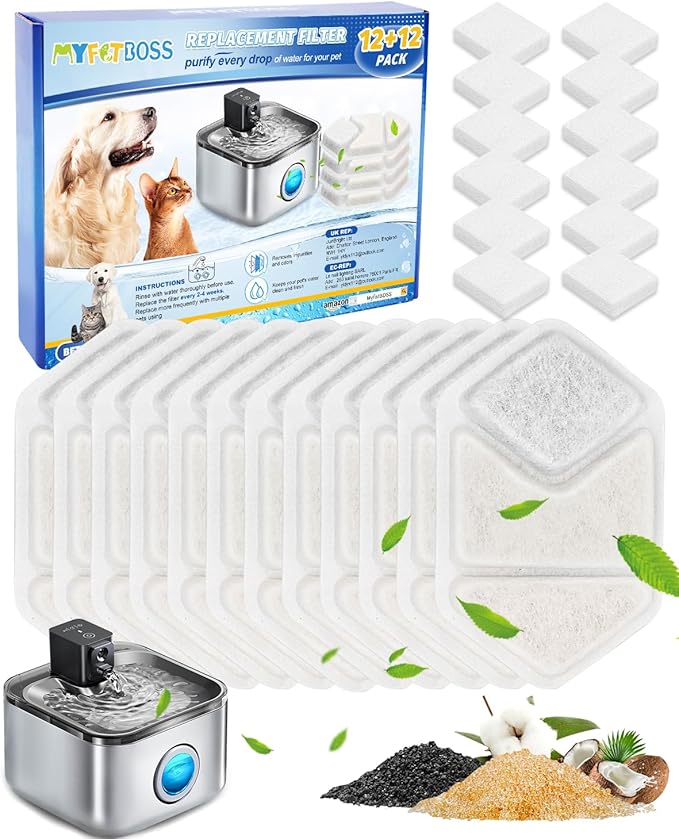24 Pack Cat Water Fountain Filters Compatible with Speedeer Wireless Cat Fountain Stainless Steel Filters 135oz/4L ZTI0506 Filter for Cats with Pre-Filter Sponges