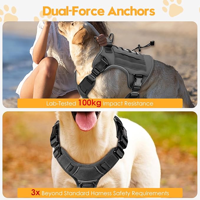 Heavy-Duty Tactical Dog Harness for Large Dogs, No Pull Adjustable Reflective Pet Vest with Molle System, K9 Military-Grade Control for Service Training, Outdoor & 10+ Breeds, Gray, XX-Large