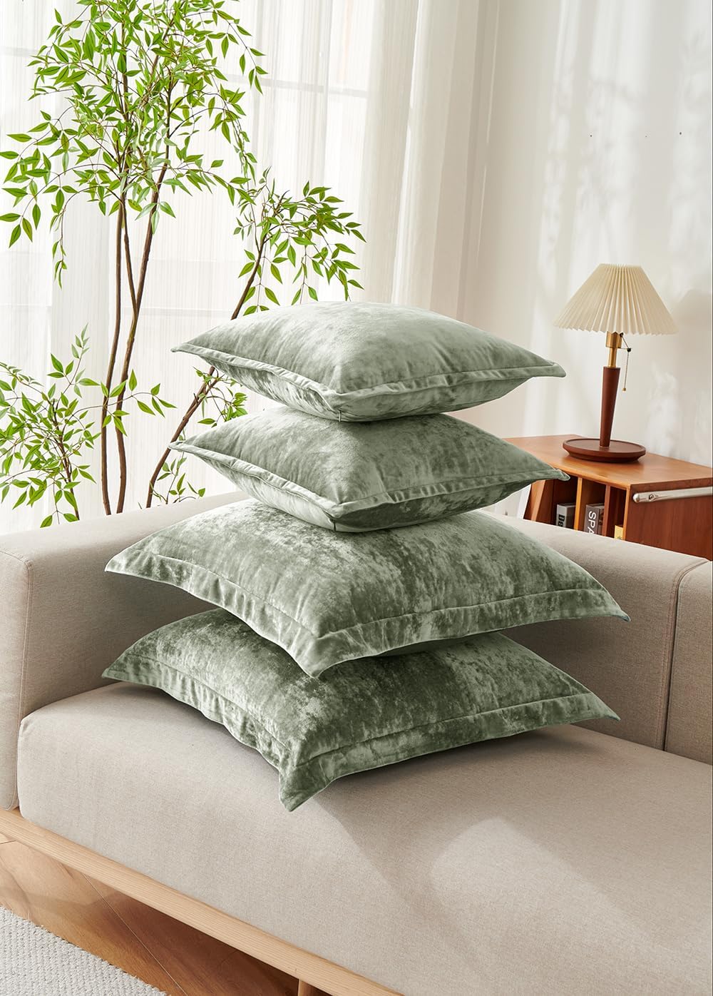 Luxurious Velvet Euro Shams Decorative Throw Pillow Covers 26x26 Set of 2 Solid Square Euro Pillow Shams for Sofa Couch Bedroom, Army Green
