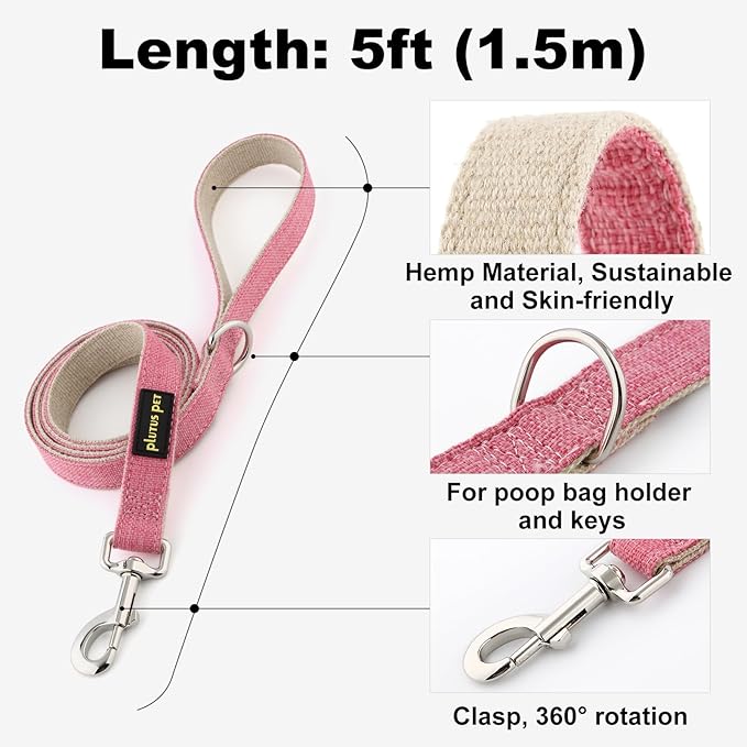 Plutus Pet Cotton Hemp Dog Collar and Leash Set, Adjustable Collar for Small, Medium, and Large Dogs, Heavy Duty and Soft on Skin, Hot Pink, S