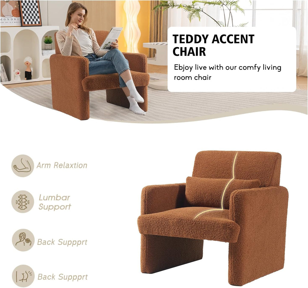 Gaussen Sherpa Accent Chair Mid Century Modern Living Room Chairs with Pillow Fluffy Single Sofa Chair Upholstered Arm Chair Oversized Reading Chair Comfy Chair for Bedroom/Office/Cafe (Autumn)