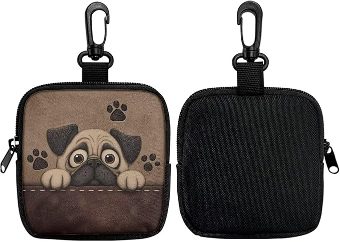 KEIAHUAN Pug Dog Treat Bags Training Pouch Small Dog Treat Pouch for Pet Walking and Training Reusable Pet Treat Container with Clasp for Traveling or Outdoor, Coin Pouch Small, Brown